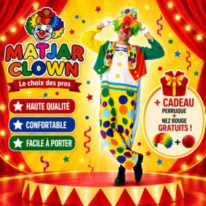 Costume Clown Coloré pour Adultes – Tenue Complète avec Perruque et Nez Rouge