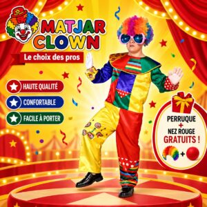 Costume Clown Coloré pour Adultes – Tenue Complète avec Perruque et Nez Rouge