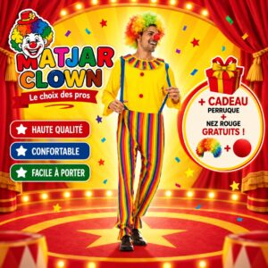 Costume Clown Coloré pour Adultes – Tenue Complète avec Perruque et Nez Rouge