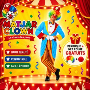Costume Clown Coloré pour Adultes – Tenue Complète avec Perruque et Nez Rouge