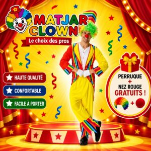 Costume Clown Coloré pour Adultes – Tenue Complète avec Perruque et Nez Rouge