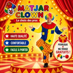 Costume Clown Coloré pour Adultes – Tenue Complète avec Perruque et Nez Rouge