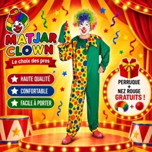 Costume Clown Coloré pour Adultes – Tenue Complète avec Perruque et Nez Rouge
