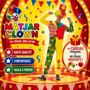 Costume Clown Coloré pour Adultes – Tenue Complète avec Perruque et Nez Rouge