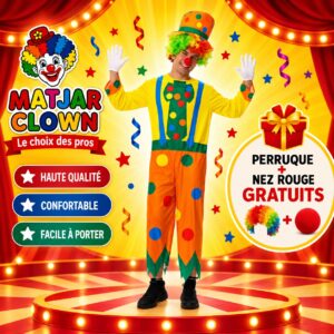 Costume Clown Coloré pour Adultes – Tenue Complète avec Perruque et Nez Rouge