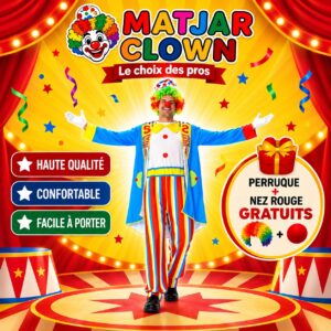 Costume Clown Coloré pour Adultes – Tenue Complète avec Perruque et Nez Rouge