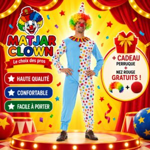 Costume Clown Coloré pour Adultes – Tenue Complète avec Perruque et Nez Rouge