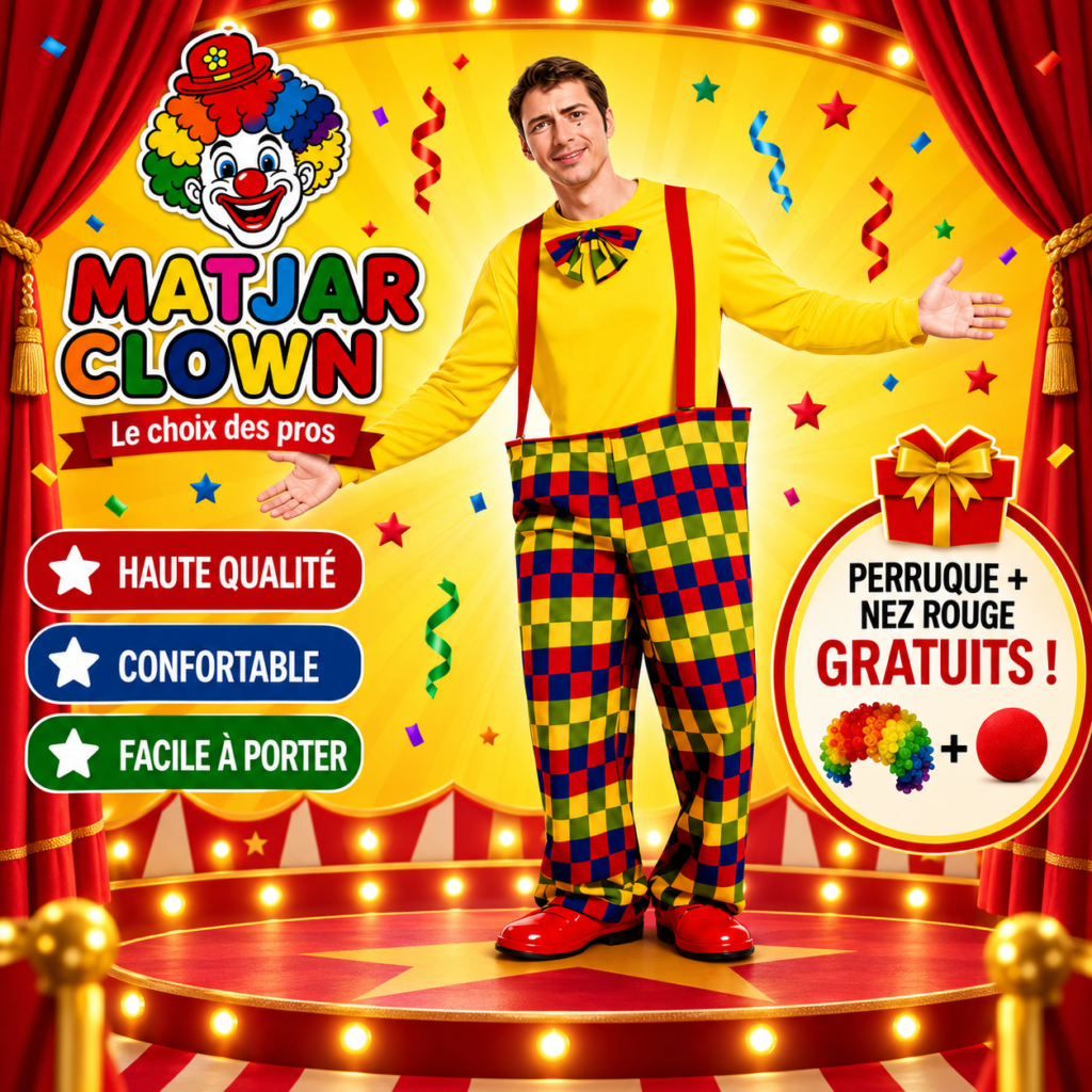 Costume Clown Coloré pour Adultes – Tenue Complète avec Perruque et Nez Rouge