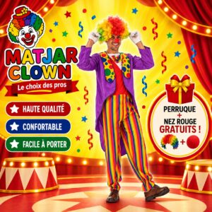 Costume Clown Coloré pour Adultes – Tenue Complète avec Perruque et Nez Rouge